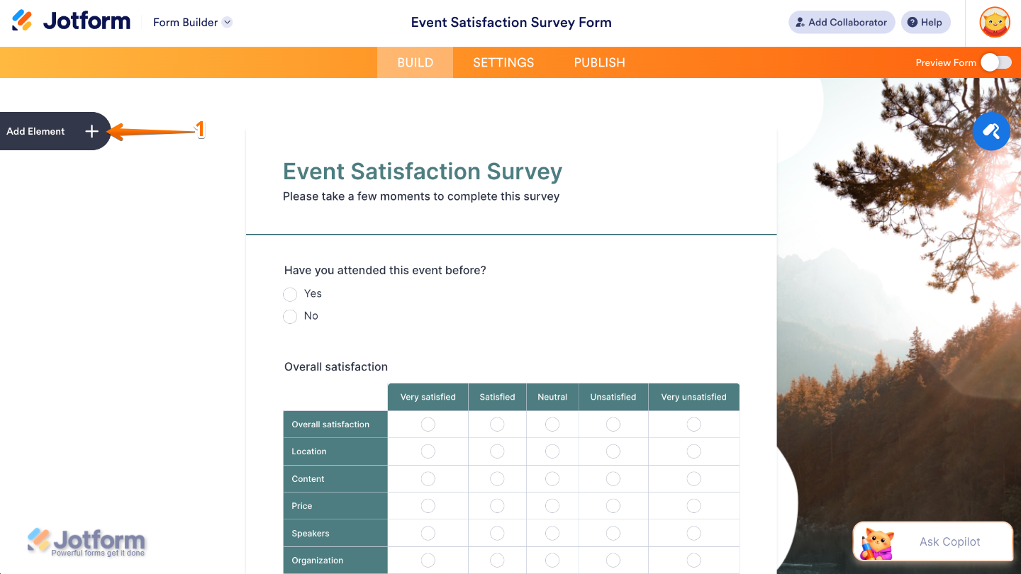 Form Builder interface showing the Add Element button on the left panel