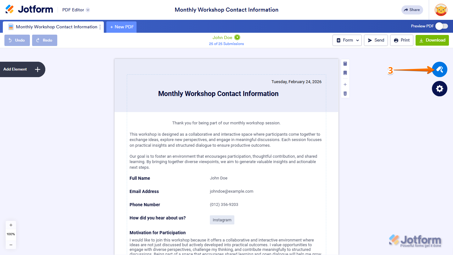 PDF Editor interface showing Paint Roller icon selected on the right side in Jotform