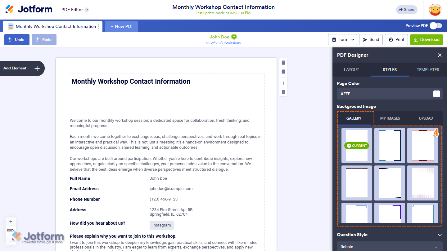 PDF Designer Style tab showing Background Image gallery patterns in Jotform