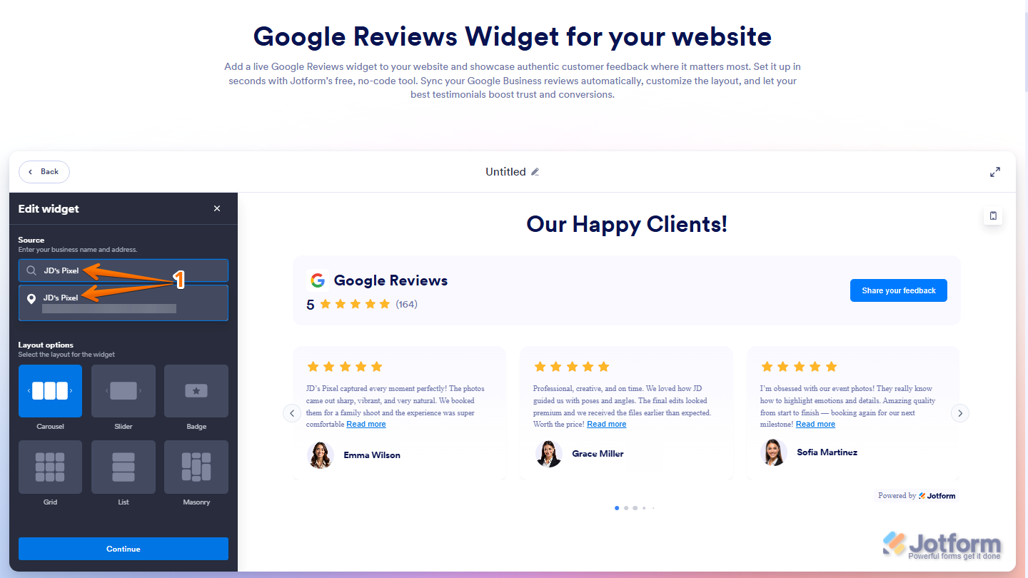 Google Reviews widget page showing Source Search bar with selected Google Business Profile