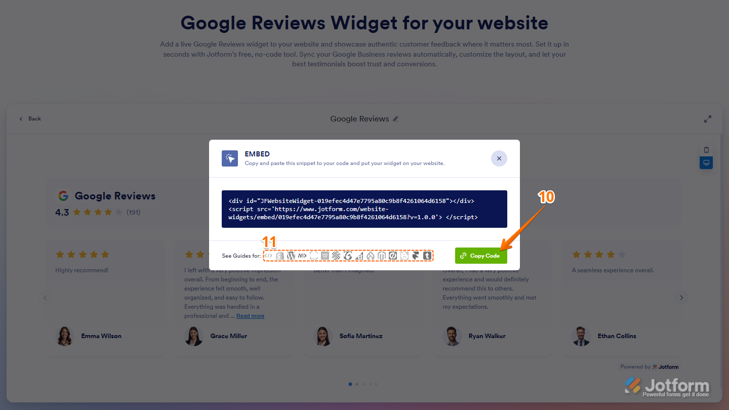 Jotform Embed window showing the Copy Code button for copying the Google Reviews widget embed code, with supported platform icons available for viewing platform-specific embedding instructions