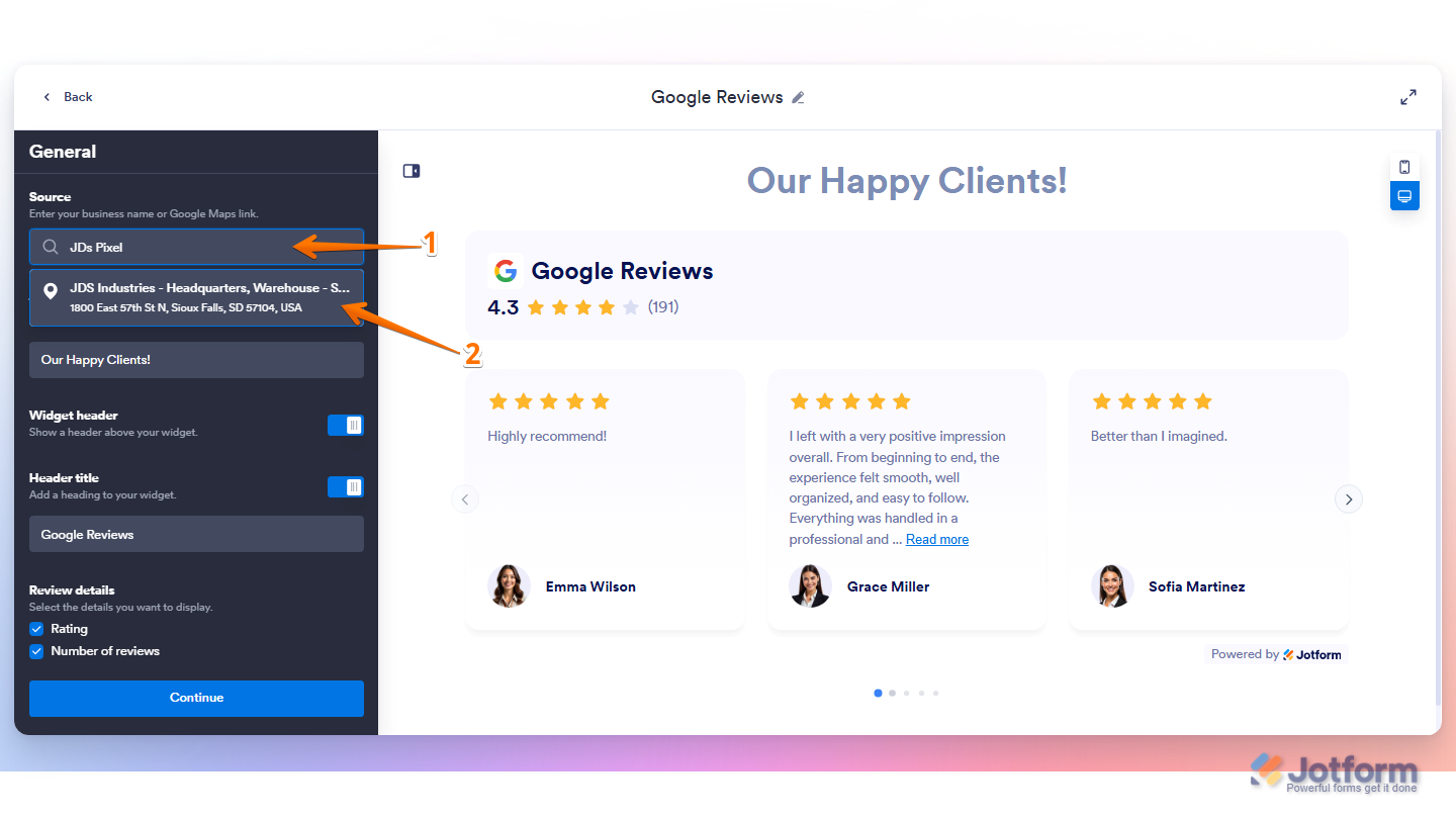 Jotform Google Reviews Widget page showing the General settings panel with the Source Search field used to search for a business by name or address, and a Google Business Profile selected from the search results