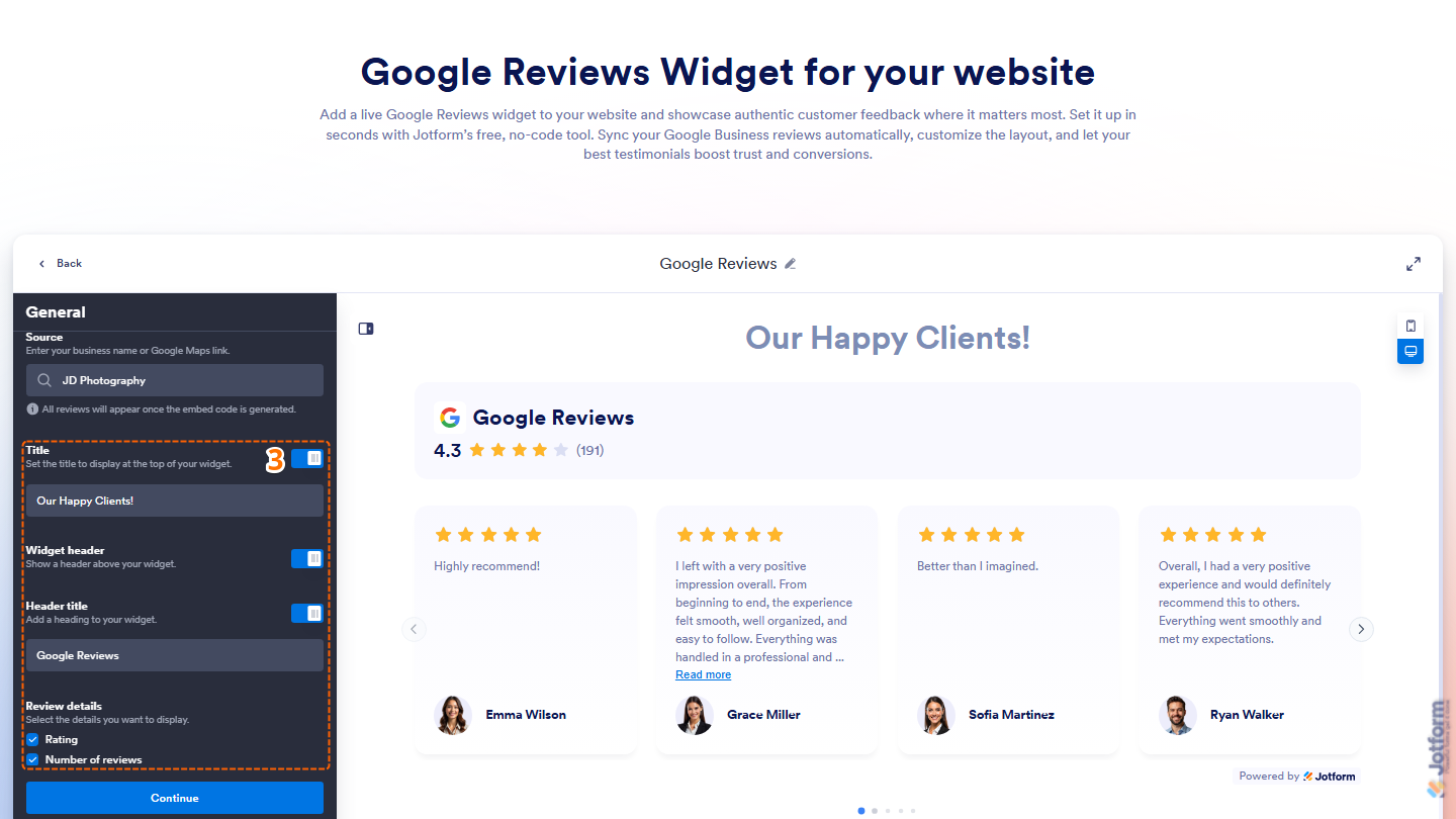 Jotform Google Reviews Widget page displaying the General settings panel with the Source Search field containing a business name or address and a matching Google Business Profile selected from the search results