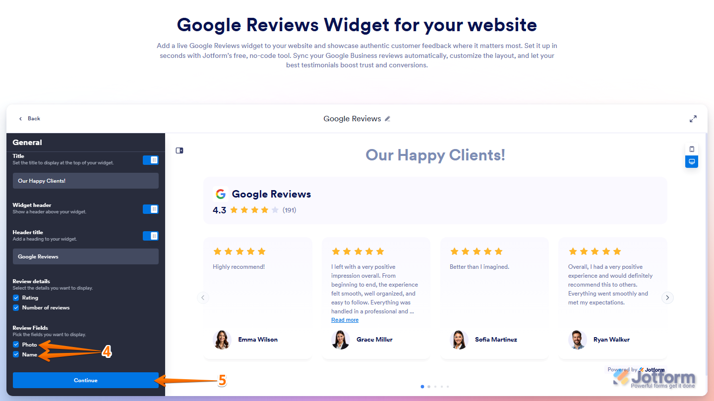 Jotform Google Reviews Widget page showing the Review Fields section with Photo and Name display options, and the Continue button ready to proceed after configuring the review card settings