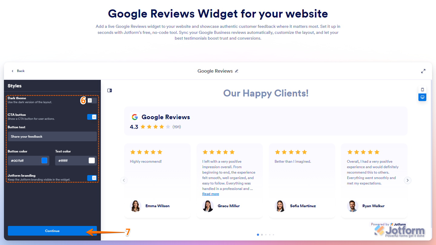 Jotform Google Reviews Widget page showing the Styles settings with options for Dark Theme, CTA Button, Button Text, Button Color, Text Color, and Jotform Branding, along with the Continue button