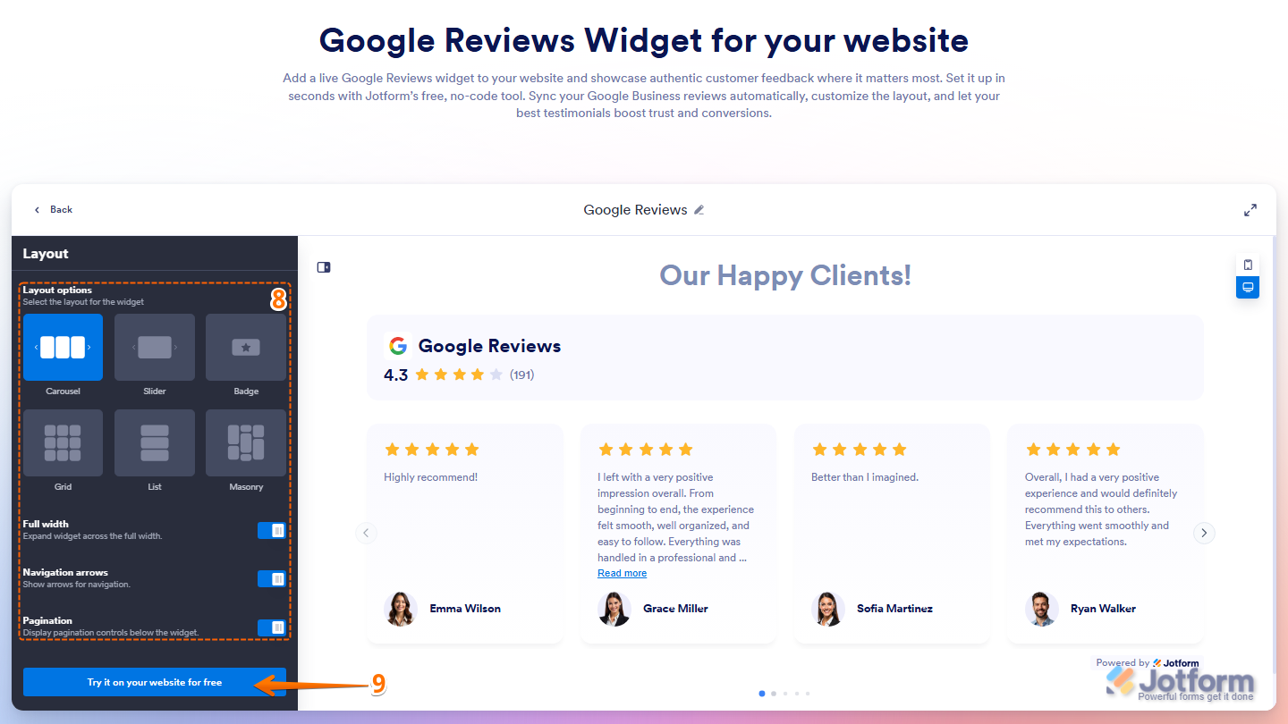 Jotform Google Reviews Widget page showing the Layout settings with options for Layout Options, Full Width, Navigation Arrows, and Pagination, with the Try button ready to preview or publish the configured widget