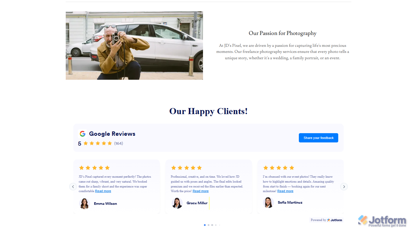 Embedded Jotform Google Reviews widget displayed on a website, showcasing Google customer reviews in a customizable layout after installation using the copied embed code or platform-specific integration