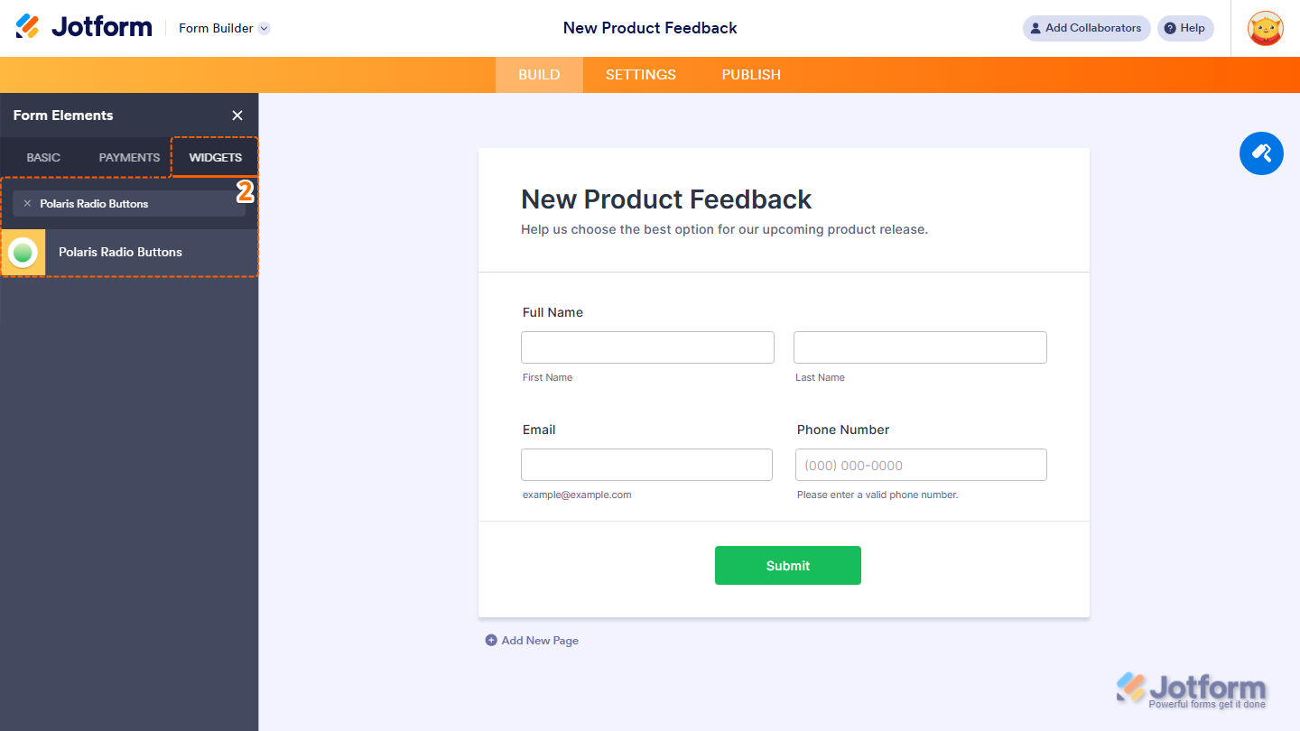 Form Elements Widgets tab showing Polaris Radio Buttons widget selection in Jotform