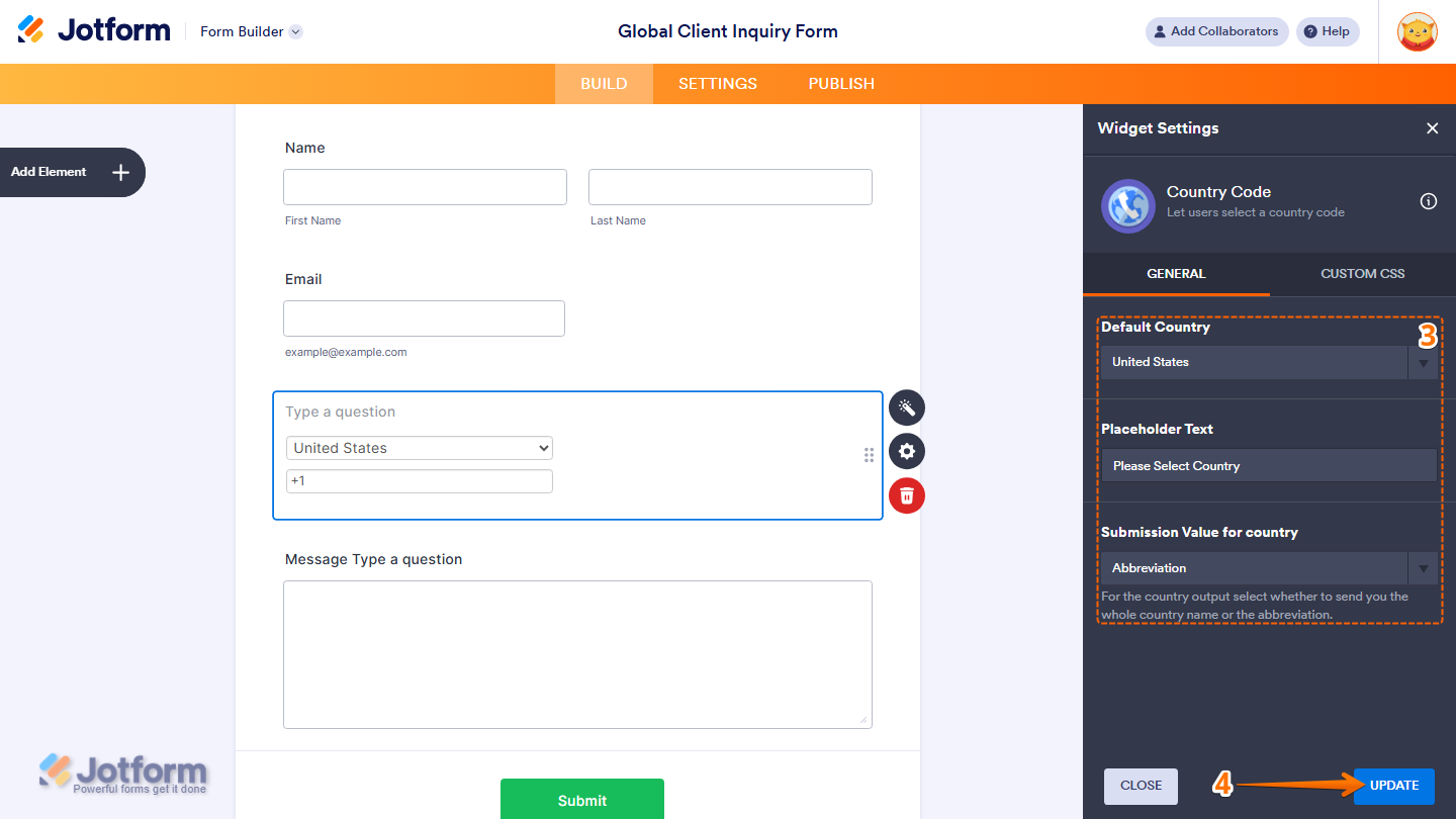 Country Code widget General settings showing Default Country Placeholder Text Submission Value for Country options and Update button in Jotform