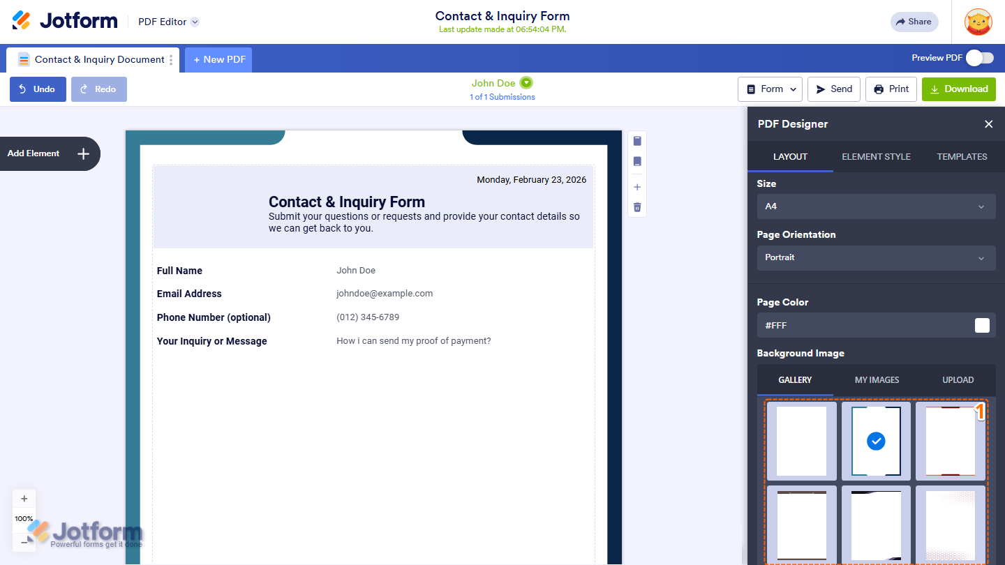 PDF Designer Layout tab showing Background Image Gallery with alternative pattern selection in Jotform