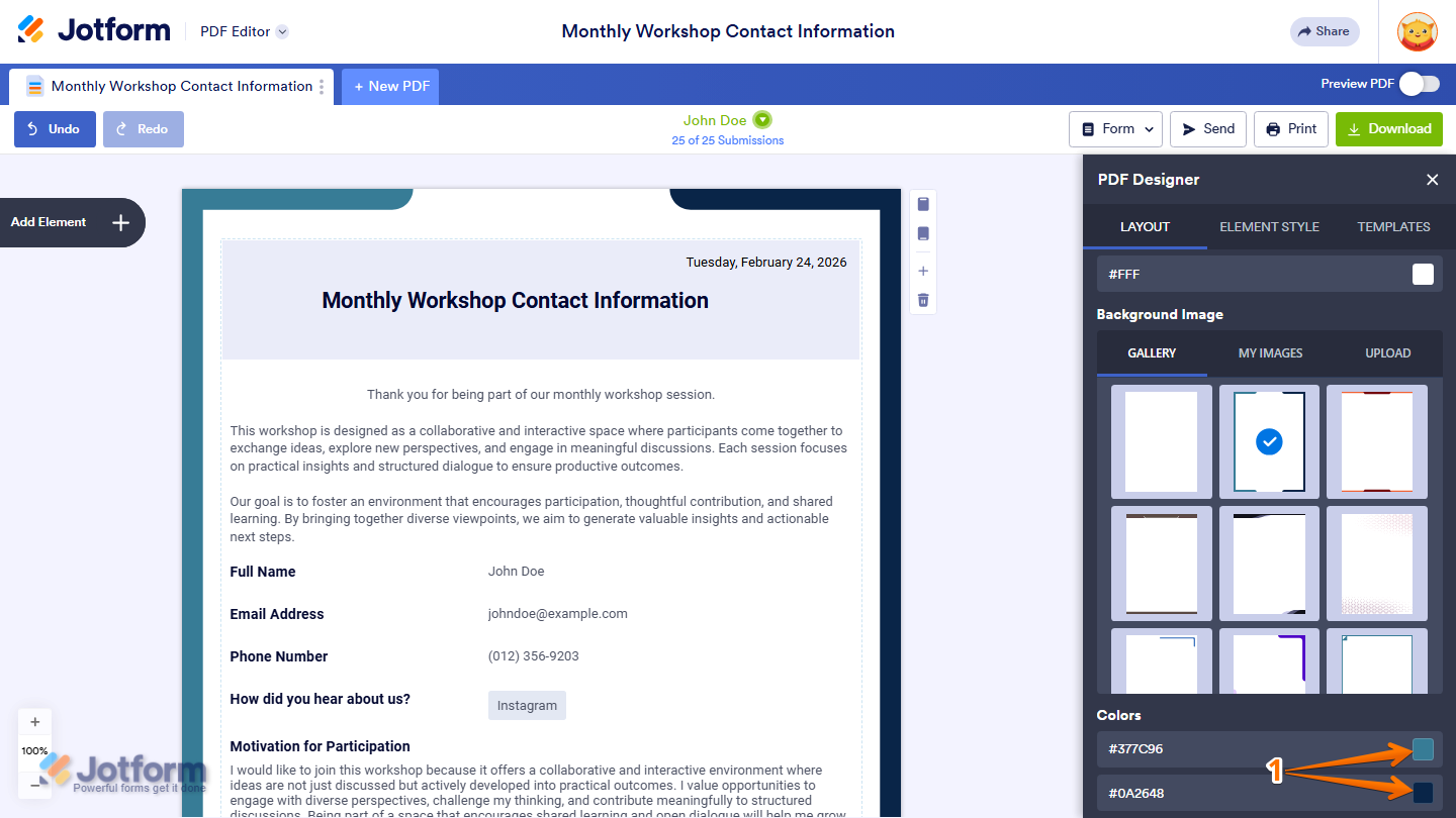 PDF Designer Layout tab showing Colors section with selectable color box in Jotform