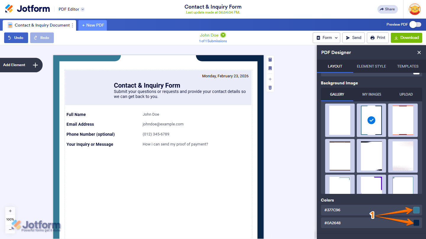 PDF Designer Layout tab showing Colors section with selectable color box in Jotform