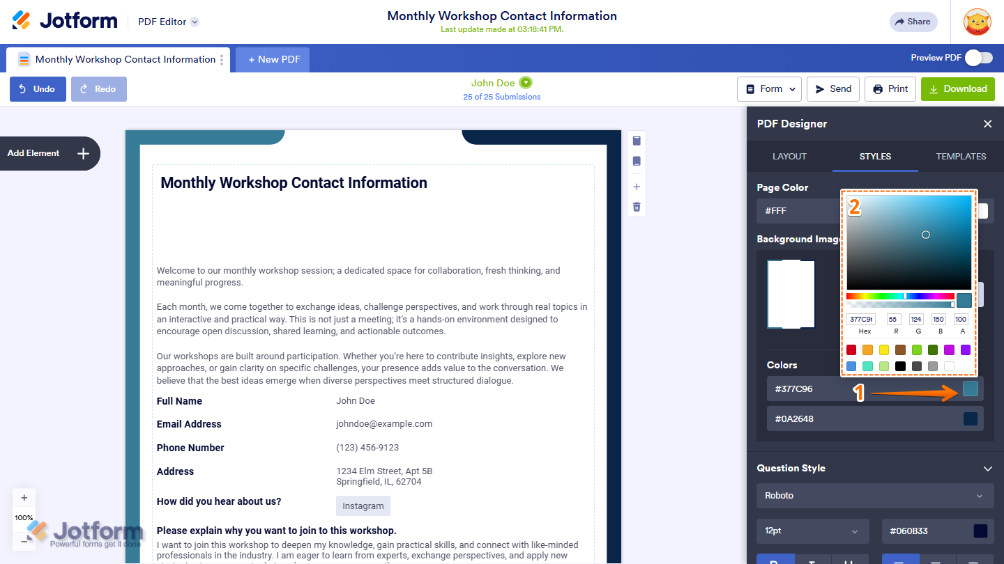 PDF Designer Color Picker window showing background pattern color customization in Jotform