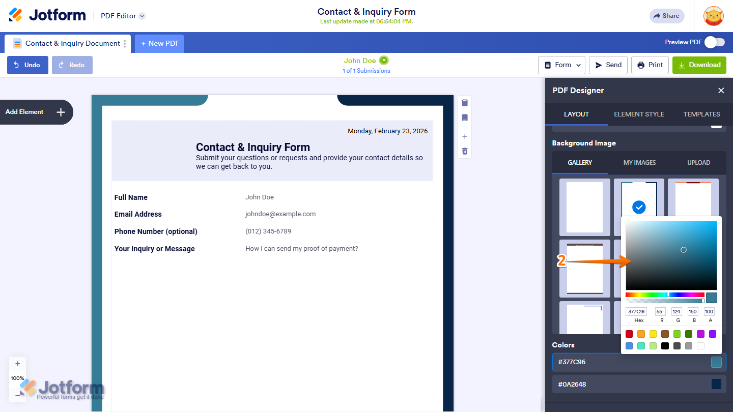 PDF Designer Color Picker window showing Background Pattern color selection in Jotform