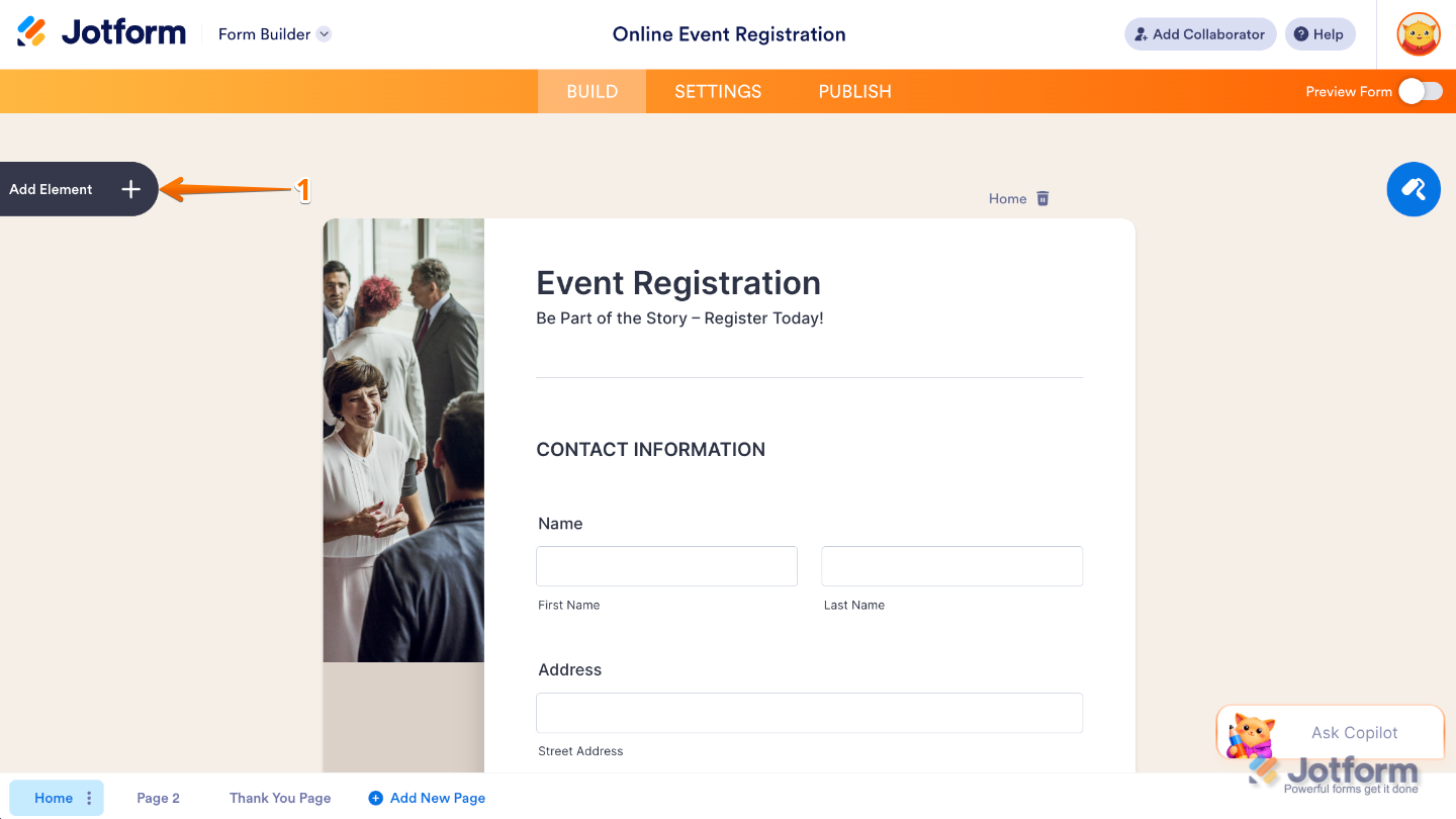 Form Builder interface showing the Add Element button on the left panel