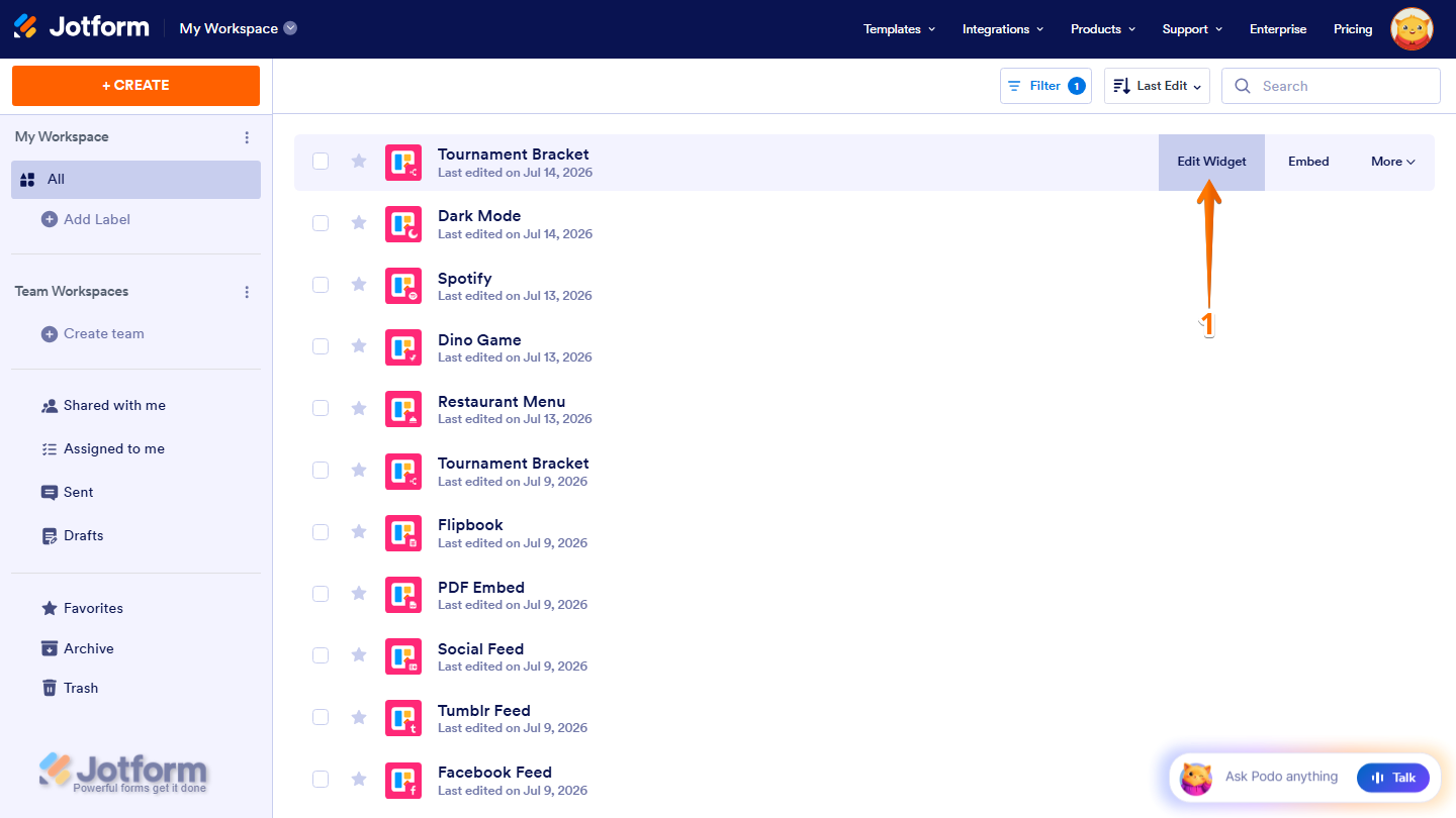 Jotform Workspace displaying a website widget, such as Tournament Bracket, with the Edit Widget option visible on the right side of the widget card to open it in the Website Widget Builder