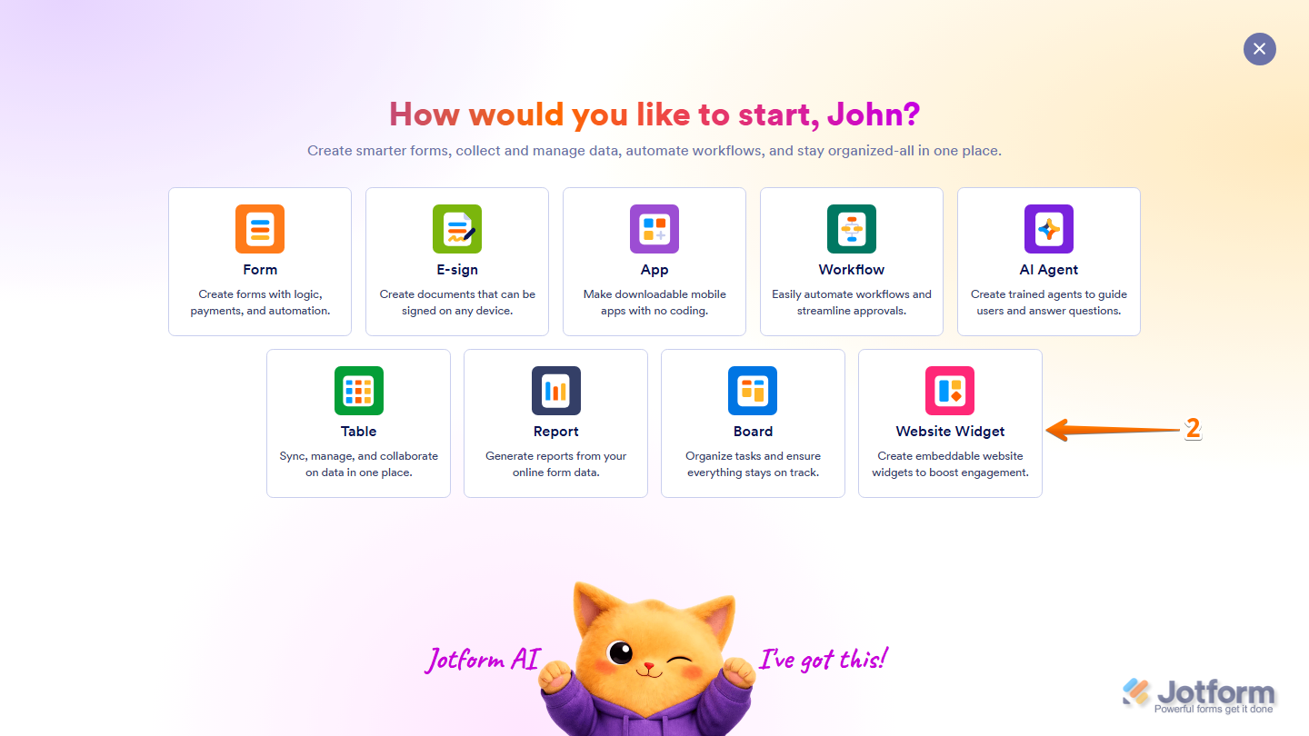 Jotform Create menu displaying the Website Widget option for creating a new website widget