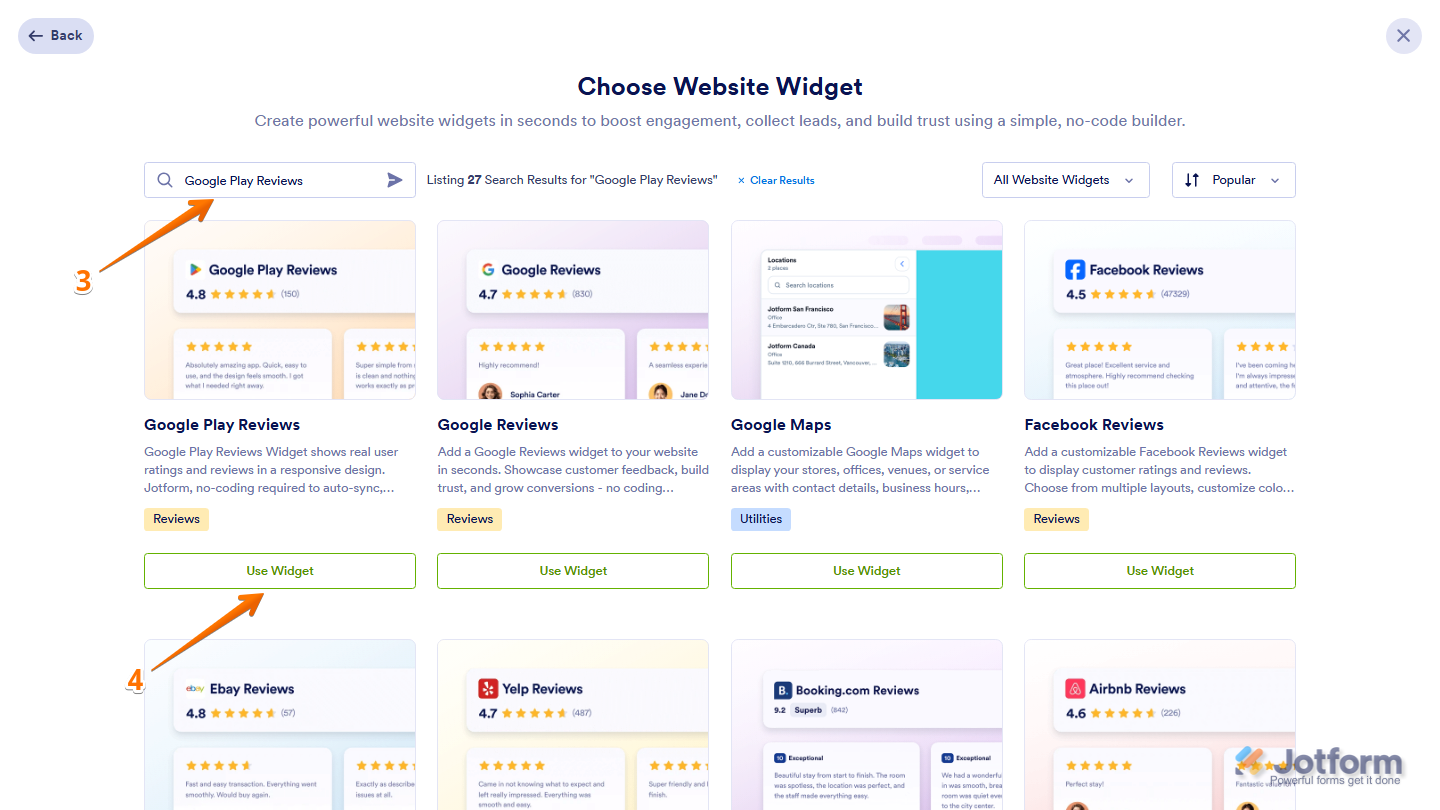 Jotform Choose Website Widget window with Google Play Reviews entered in the search bar and the Use Widget button visible on the Google Play Reviews widget card in the search results
