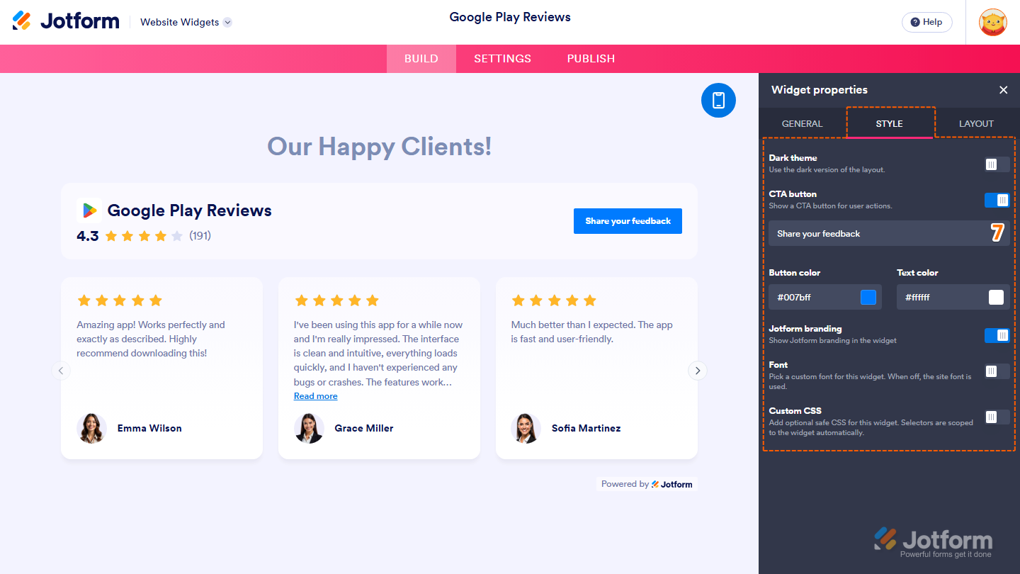 Jotform Website Widget Builder displaying the Widget Properties panel under the Style tab with Dark Theme, CTA Button, Button Color, Text Color, Jotform Branding, Font, and Custom CSS settings for customizing the Google Play Reviews widget