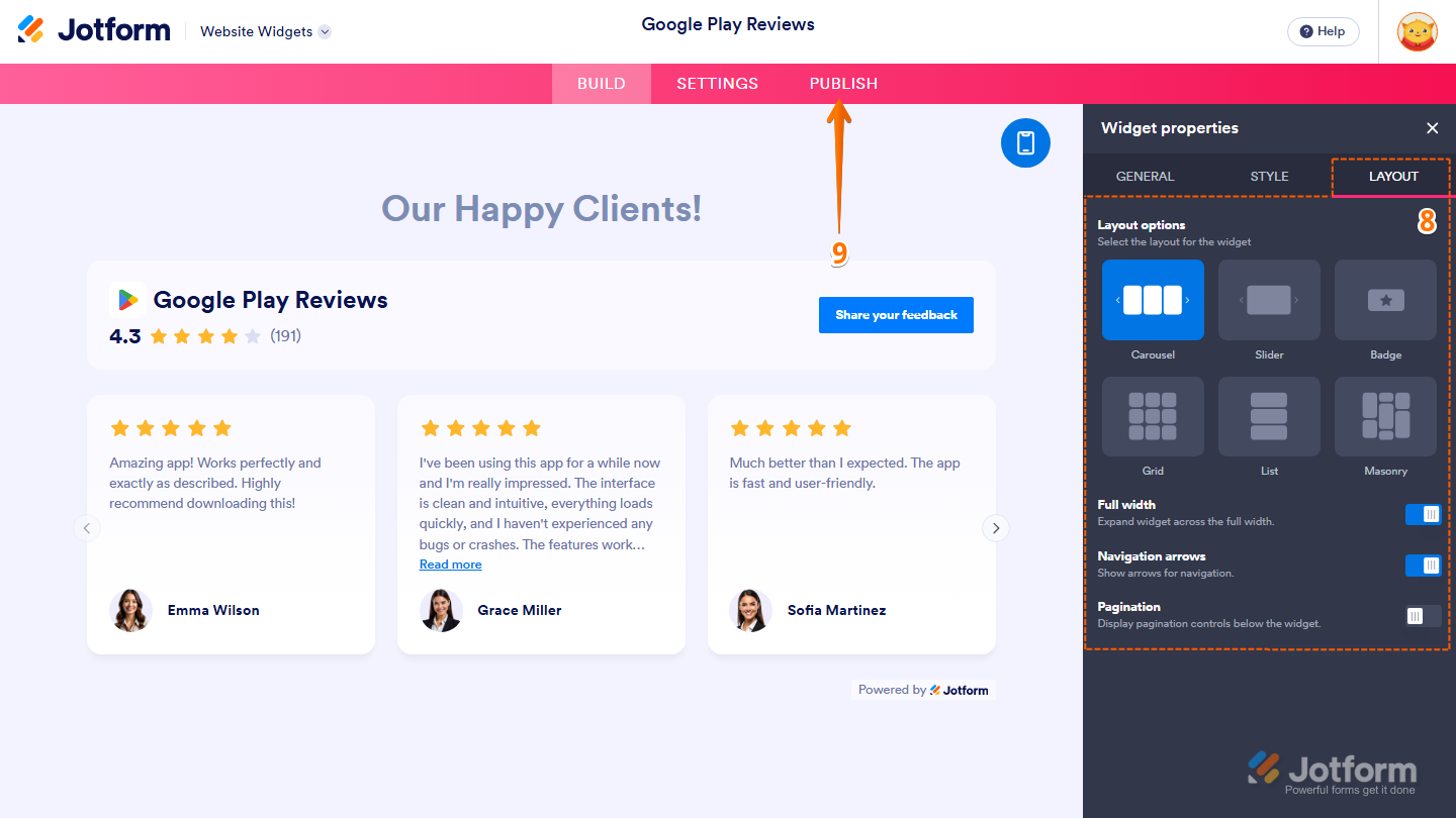 Jotform Website Widget Builder displaying the Widget Properties panel under the Layout tab with Layout Options, Full Width, Navigation Arrows, and Pagination settings for the Google Play Reviews widget, and the Publish button visible in the pink navigation bar at the top of the page