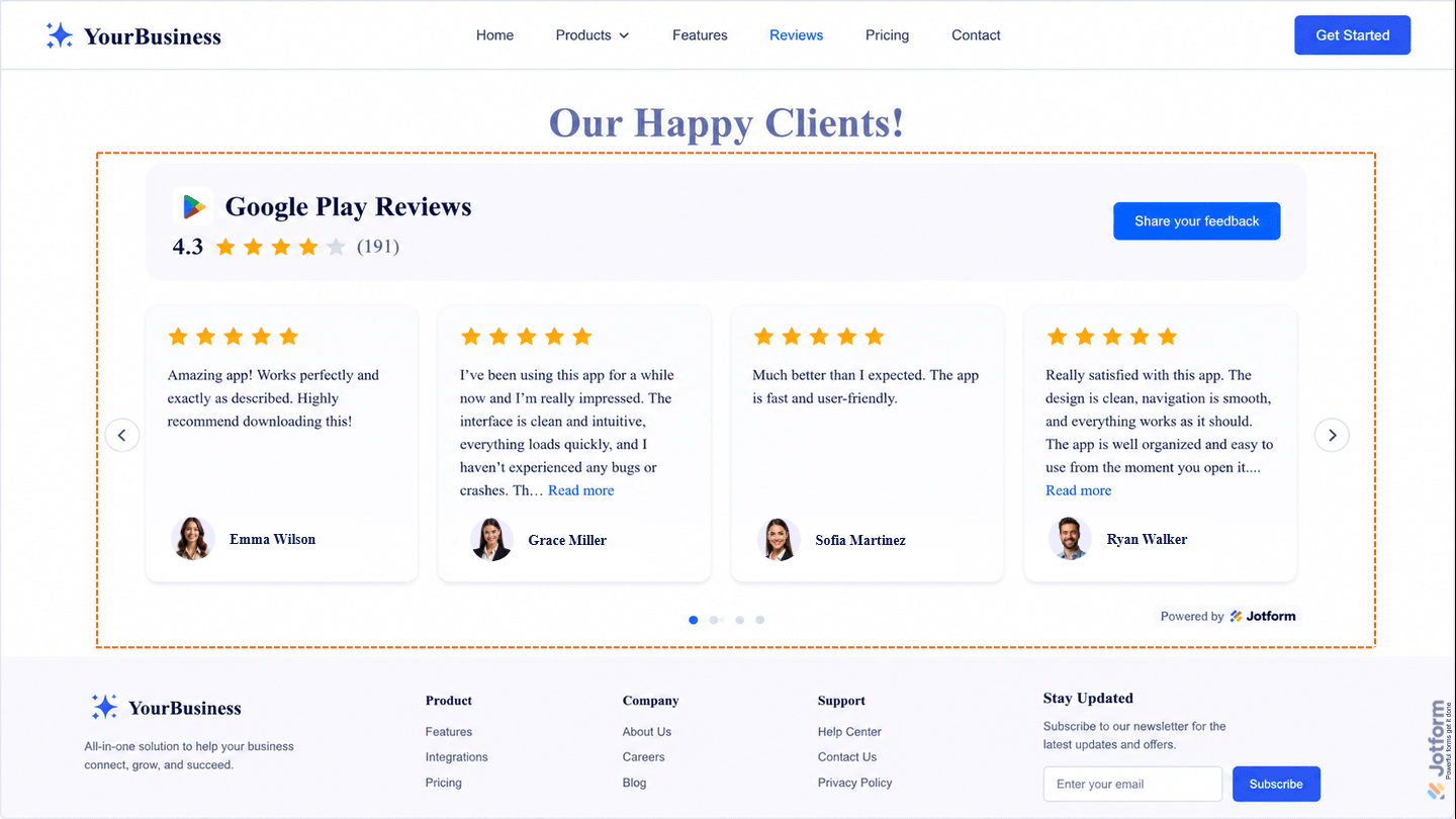 Embedded Google Play Reviews widget displayed on a website, showing app ratings, reviewer details, review cards, and the customized layout and styling