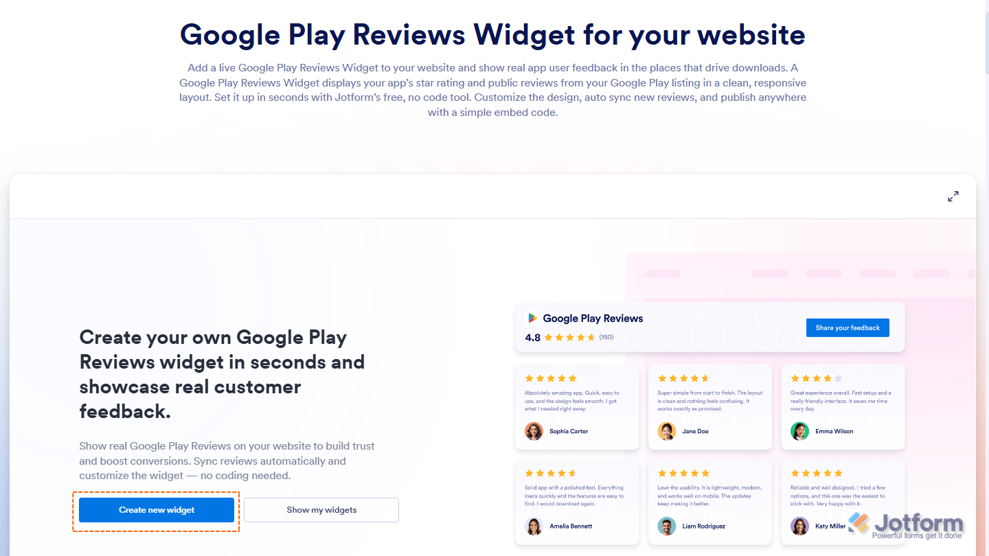 Google Play Reviews widget page showing Create New Widget button and existing widgets list in Jotform