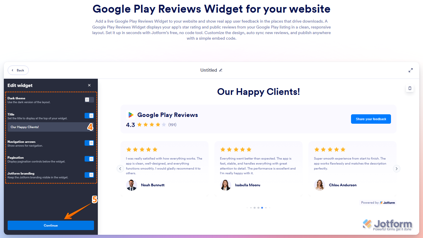 Google Play Reviews widget customization panel showing Dark Theme Title Navigation Arrows Pagination Jotform Branding options and Continue button