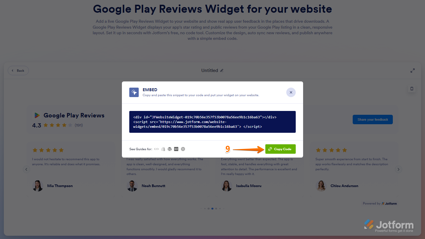Google Play Reviews embed window showing Copy Code button