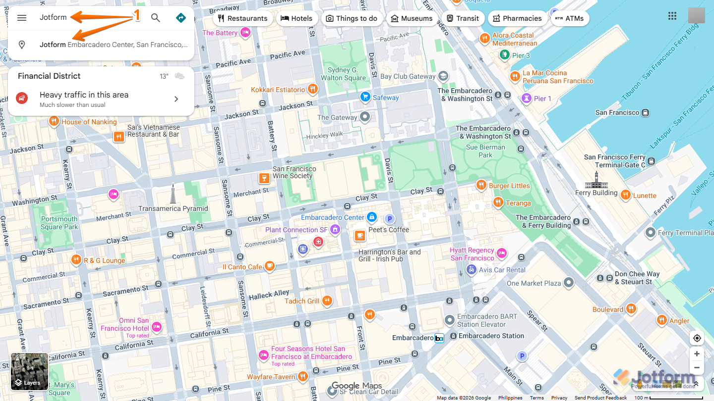 Google Maps displaying the Search Bar in the top-left corner with a business name or address entered and matching business results available for selection