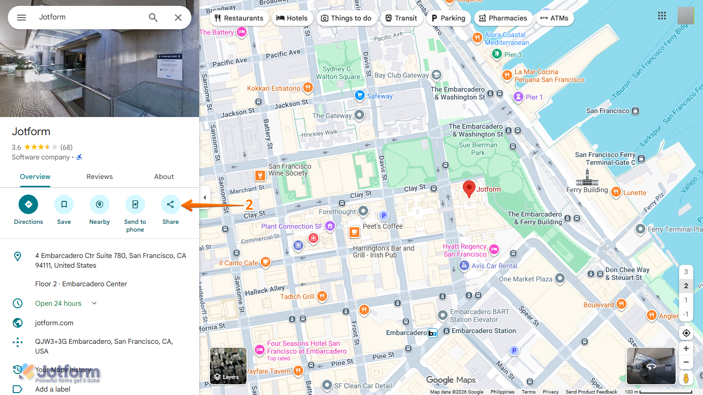 Google Maps business listing displaying the Overview tab with the Share icon in the left-side menu for sharing the selected business location