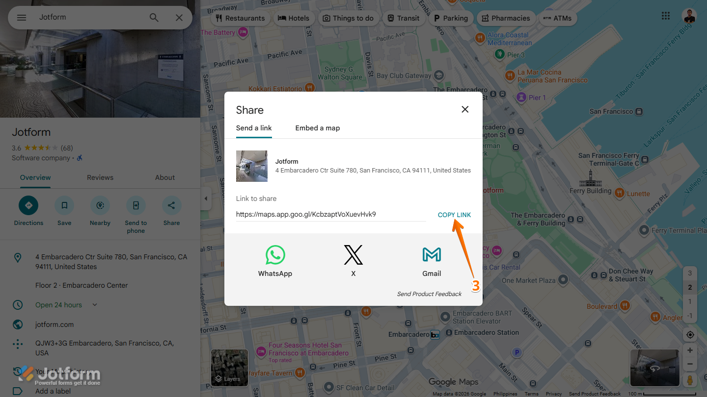 Google Maps Share window displaying the business URL with the Copy Link button for copying the Google Maps link