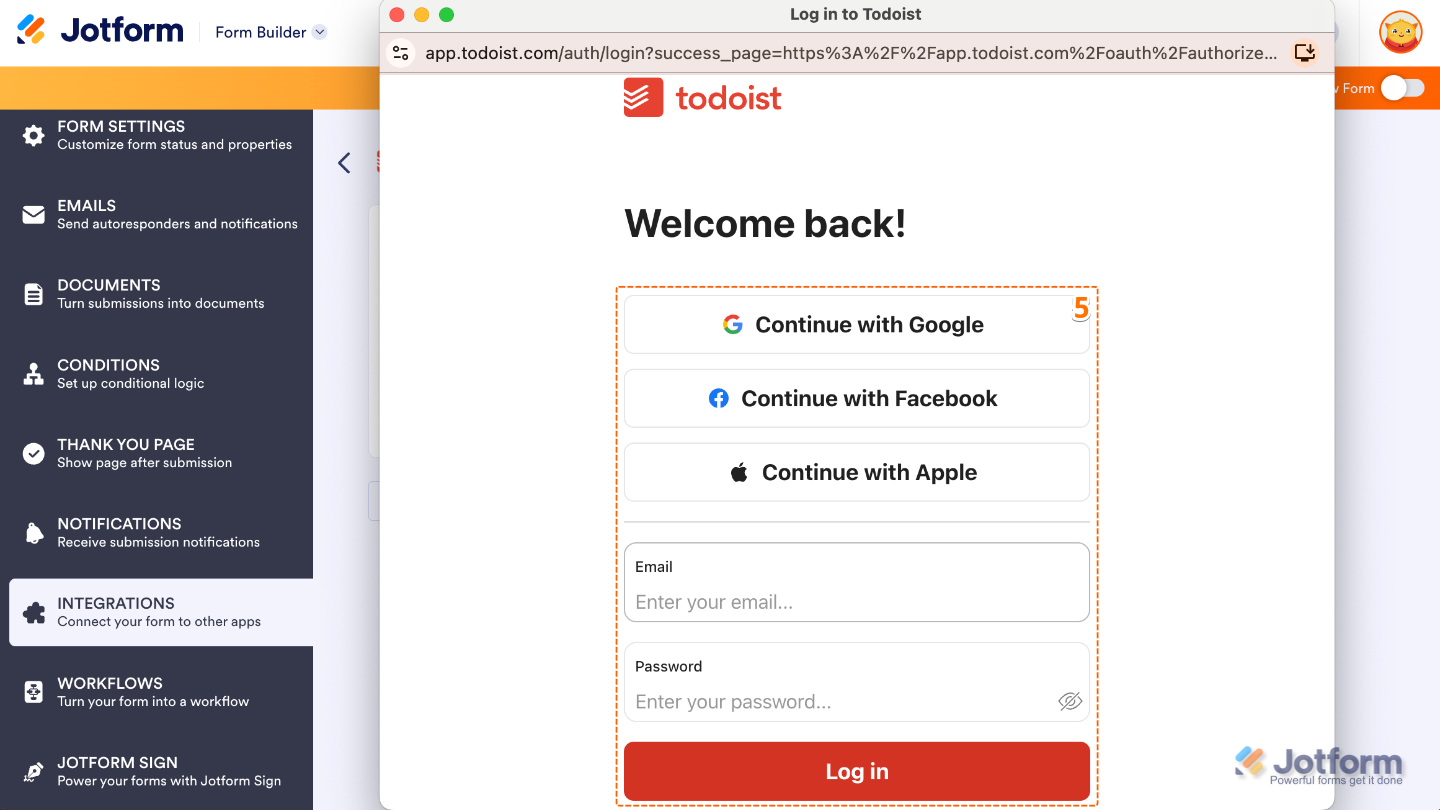 Todoist login pop-up screen prompting users to enter credentials and grant access for form integration
