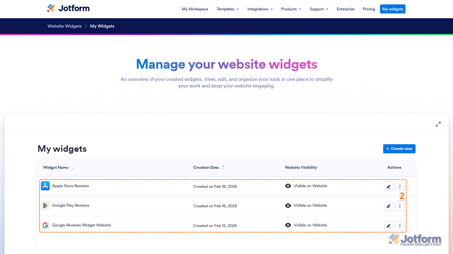 Website Widgets dashboard showing list of created widgets in Jotform