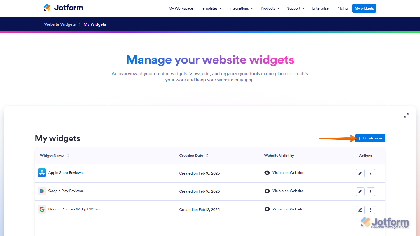 Website Widgets page showing Create New button for adding a new widget in Jotform