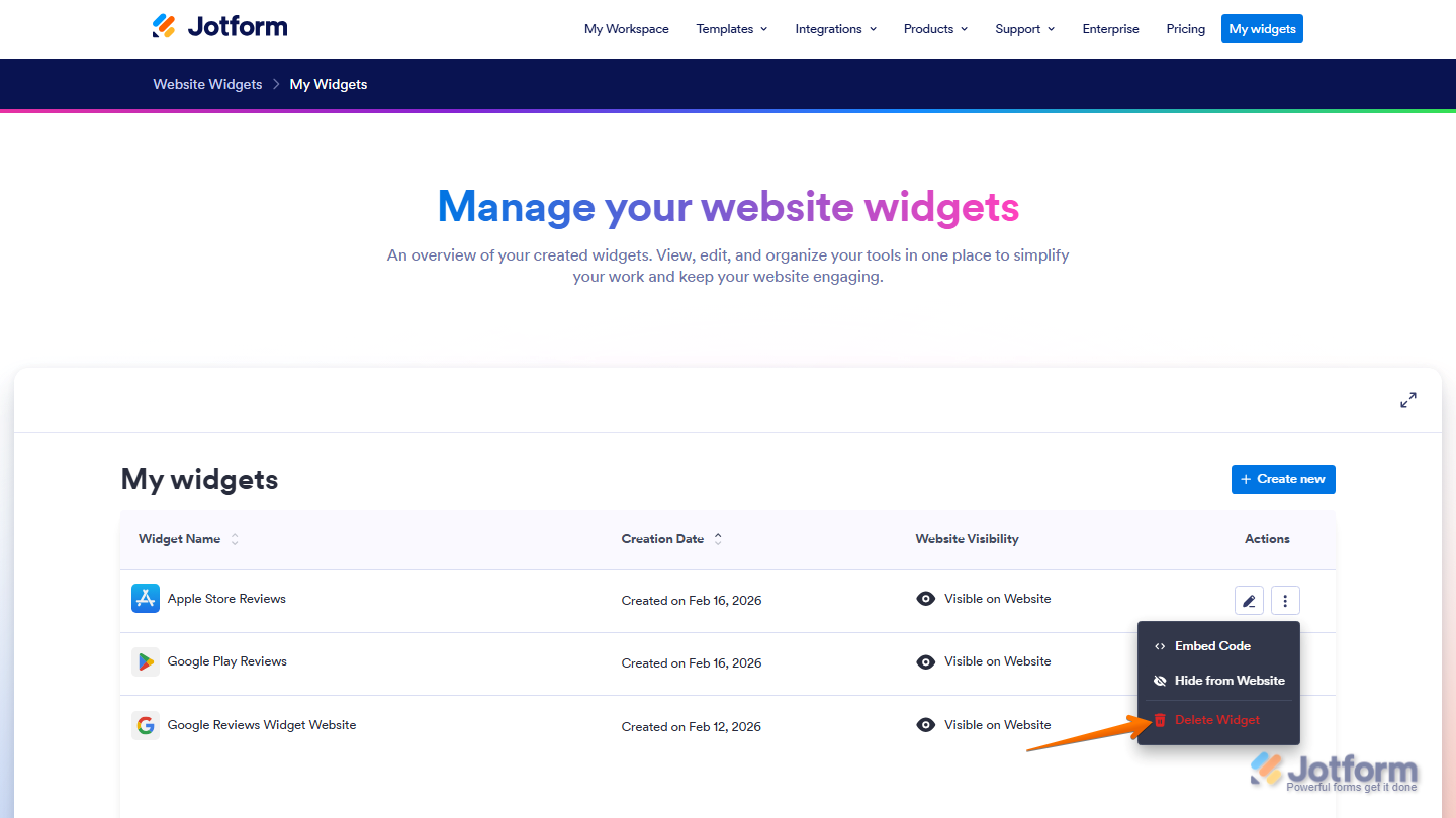 Website Widgets dashboard showing Delete option in Three Dots menu in Jotform