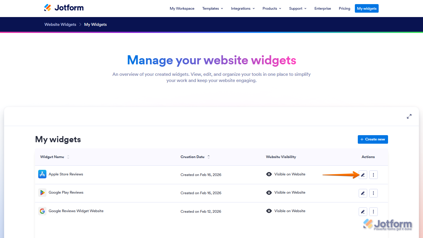 Website Widgets dashboard showing Pencil icon for editing an existing widget in Jotform