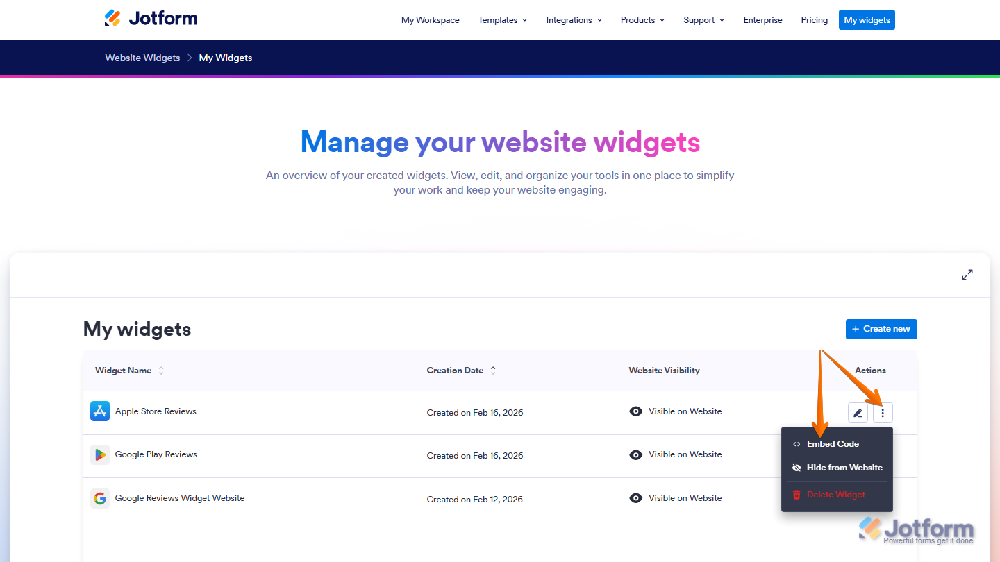 Website Widgets dashboard showing Three Dots menu with Embed option and embed code window in Jotform