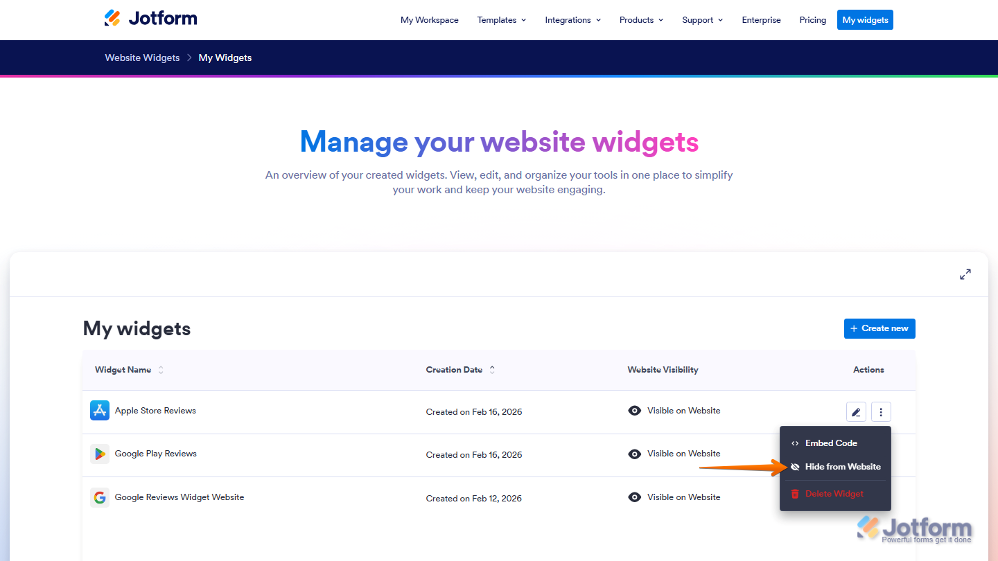 Website Widgets dashboard showing visibility toggle option in Three Dots menu in Jotform