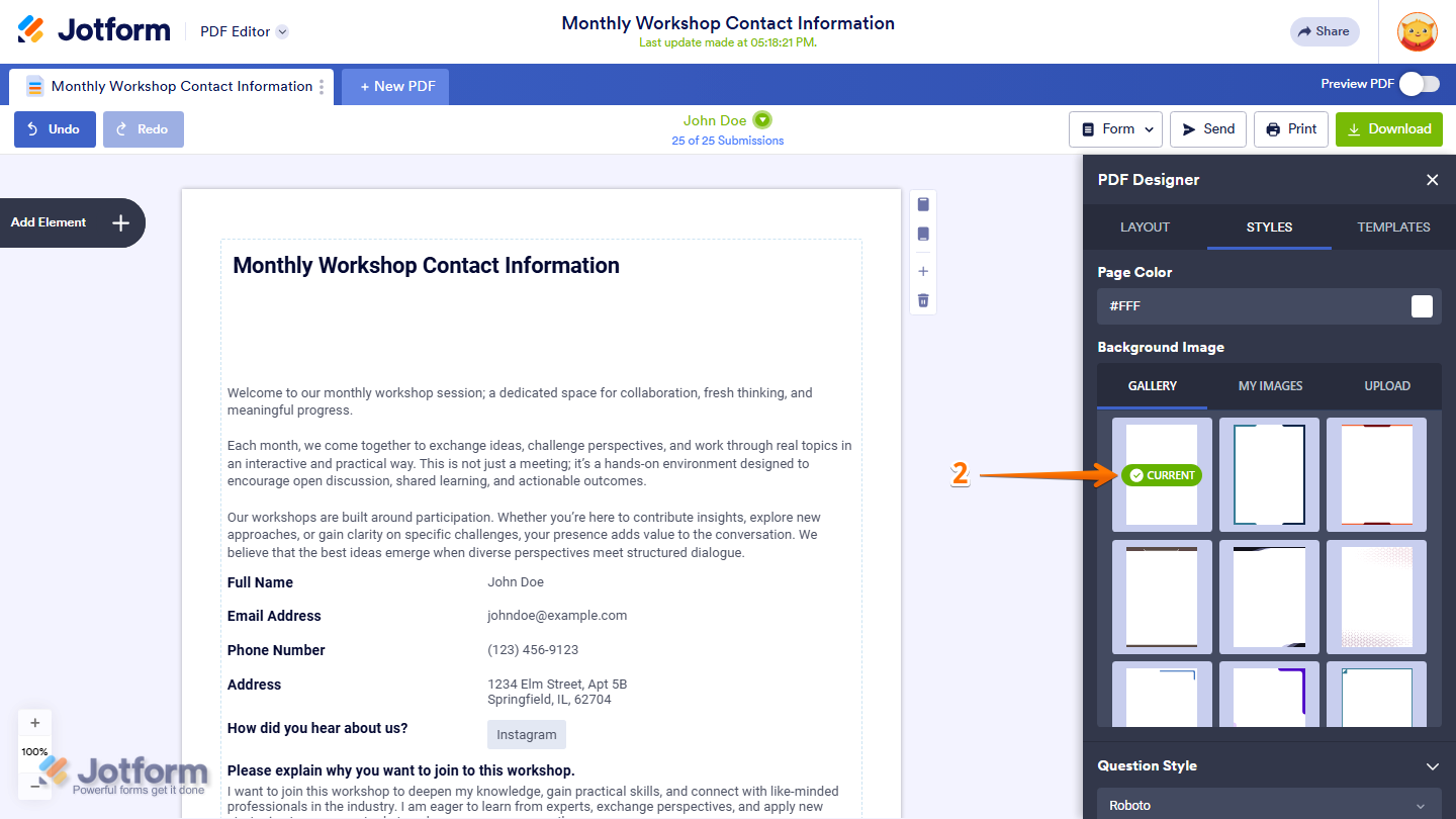 PDF Designer background gallery showing blank default background option in Jotform