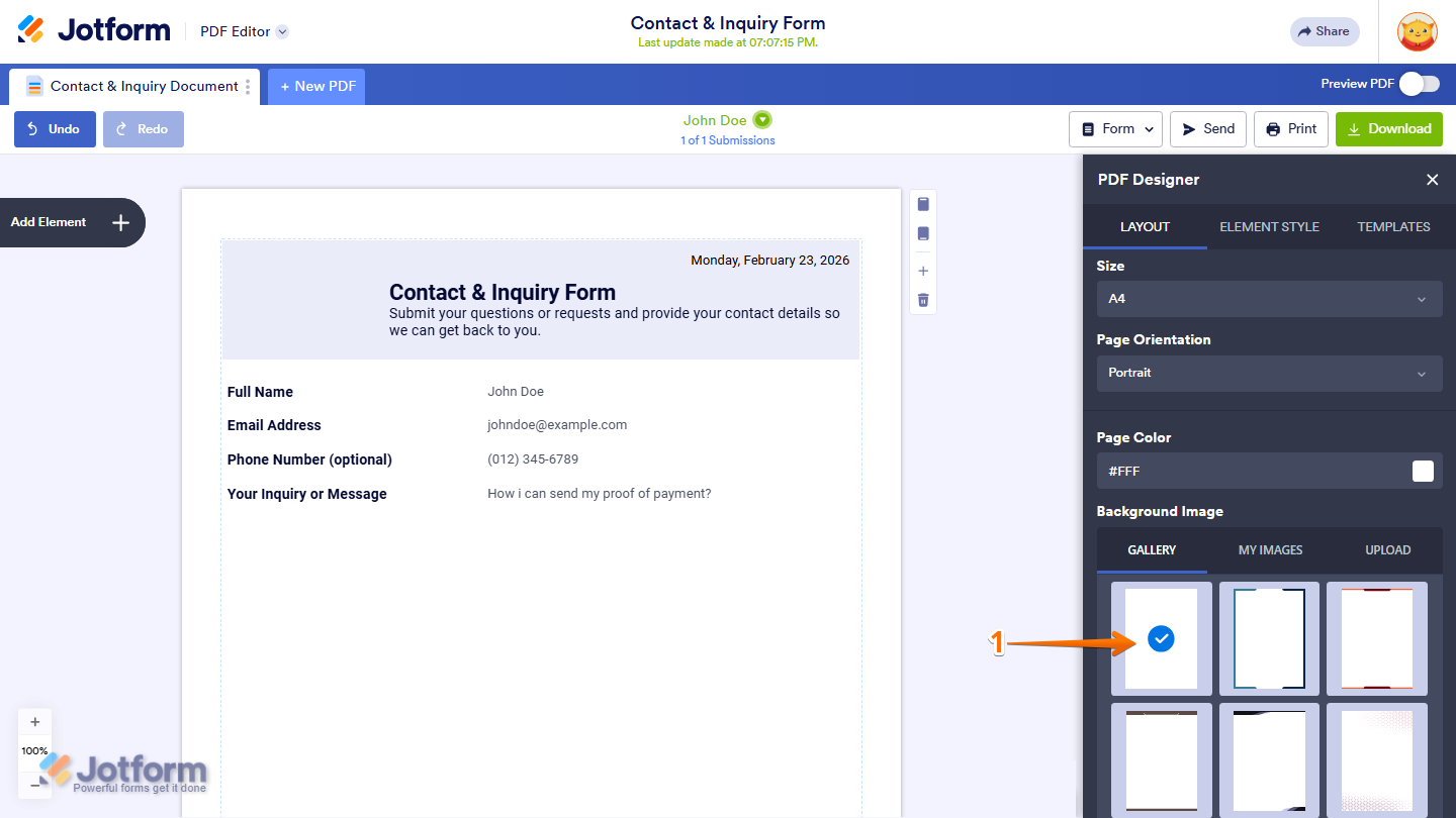 PDF Designer Layout tab showing Background Image Gallery with blank default background option selected in Jotform