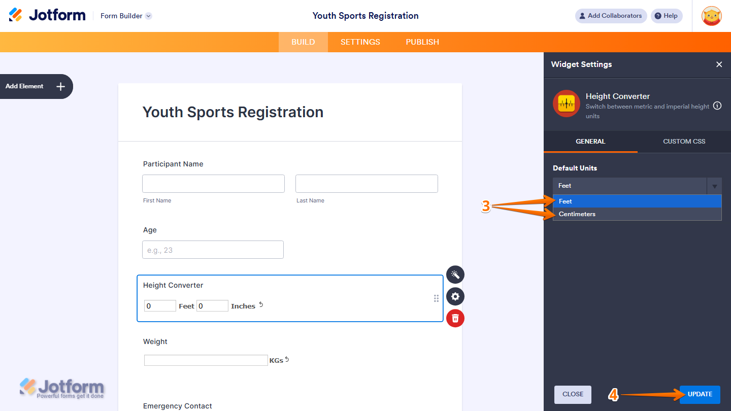 Height Converter widget settings showing Default Unit options Feet and CM with Update button in Jotform