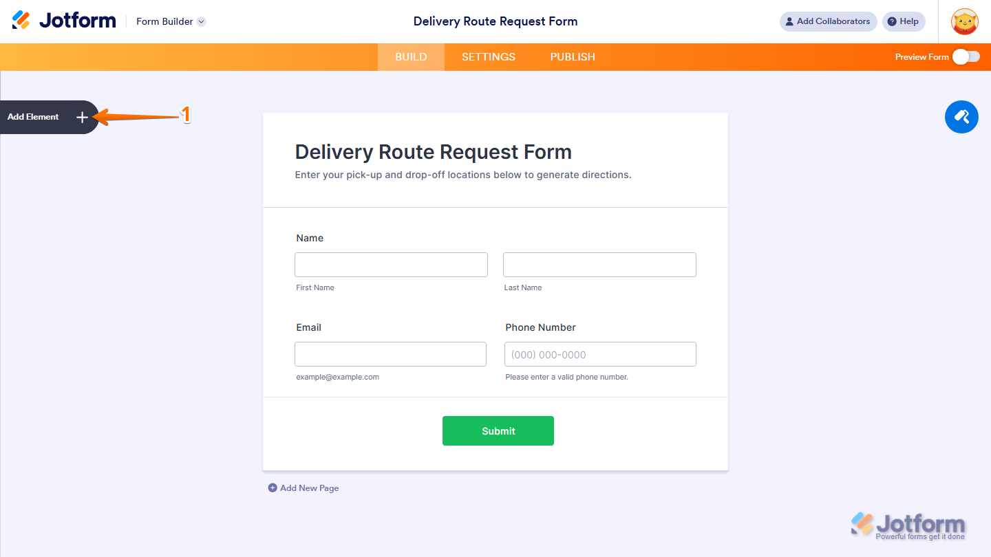 Form Builder Add Element menu in Jotform