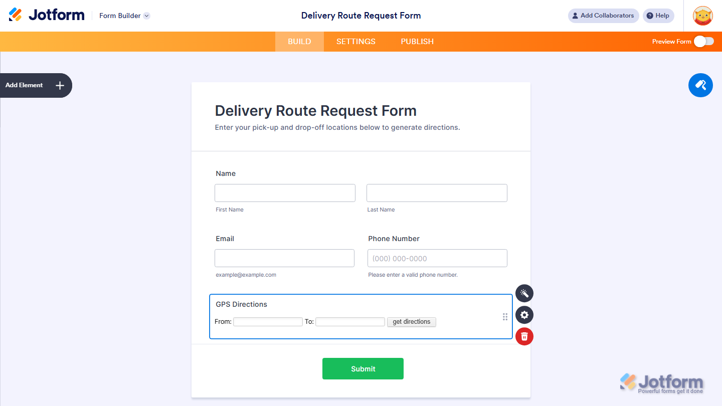 GPS Directions widget successfully added and configured on a Jotform form