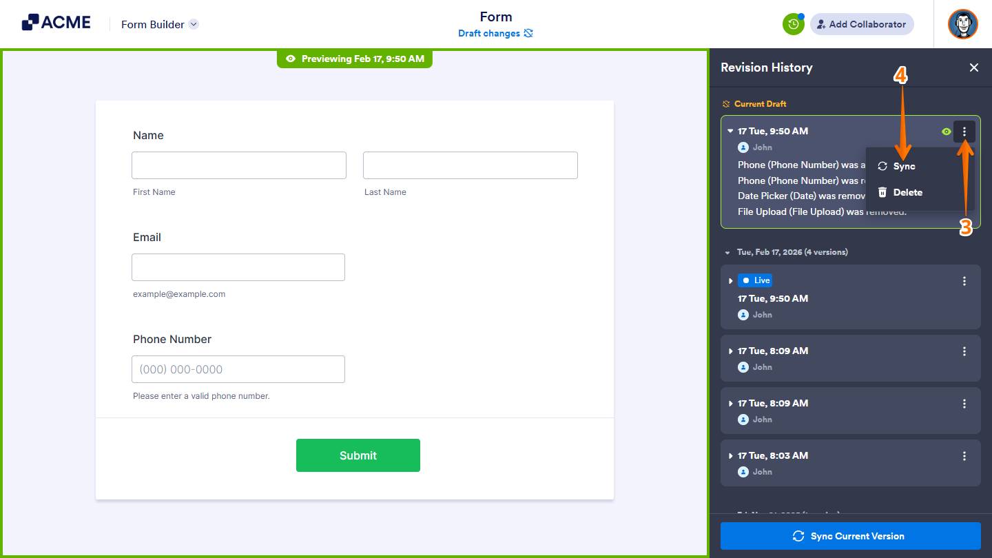Sync option in the Current Draft menu of the Revision History