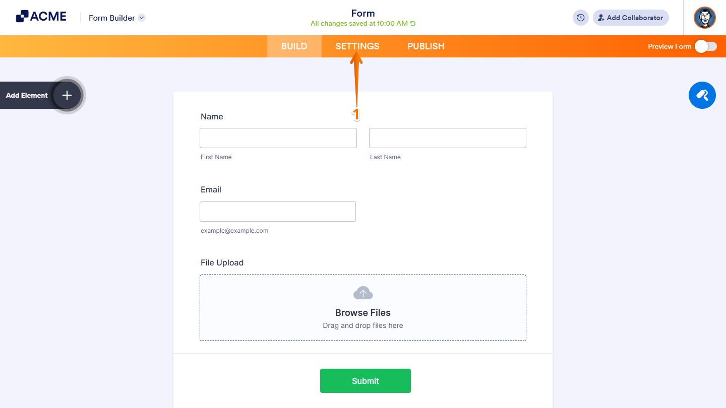 Settings menu in the Form Builder