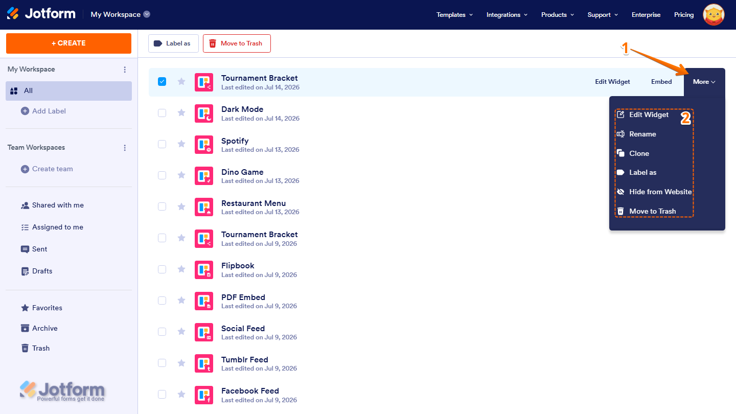 Jotform Workspace displaying the More menu for a website widget, showing management options including Edit Widget, Rename, Clone, Label As, Hide from Website, and Move to Trash