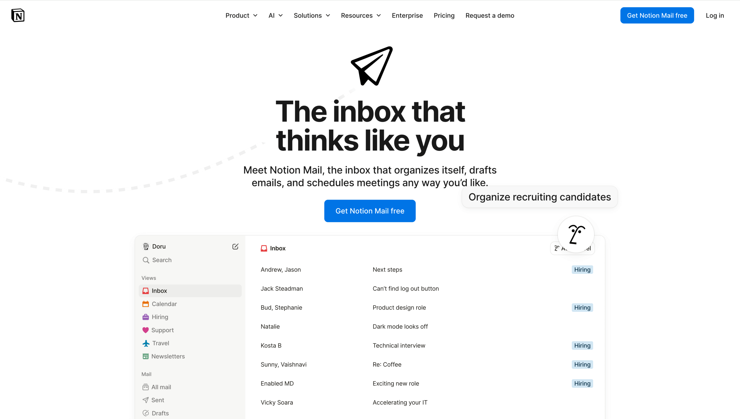 Screenshot of Notion Mail's landing page, showing a headline "The inbox that thinks like you"