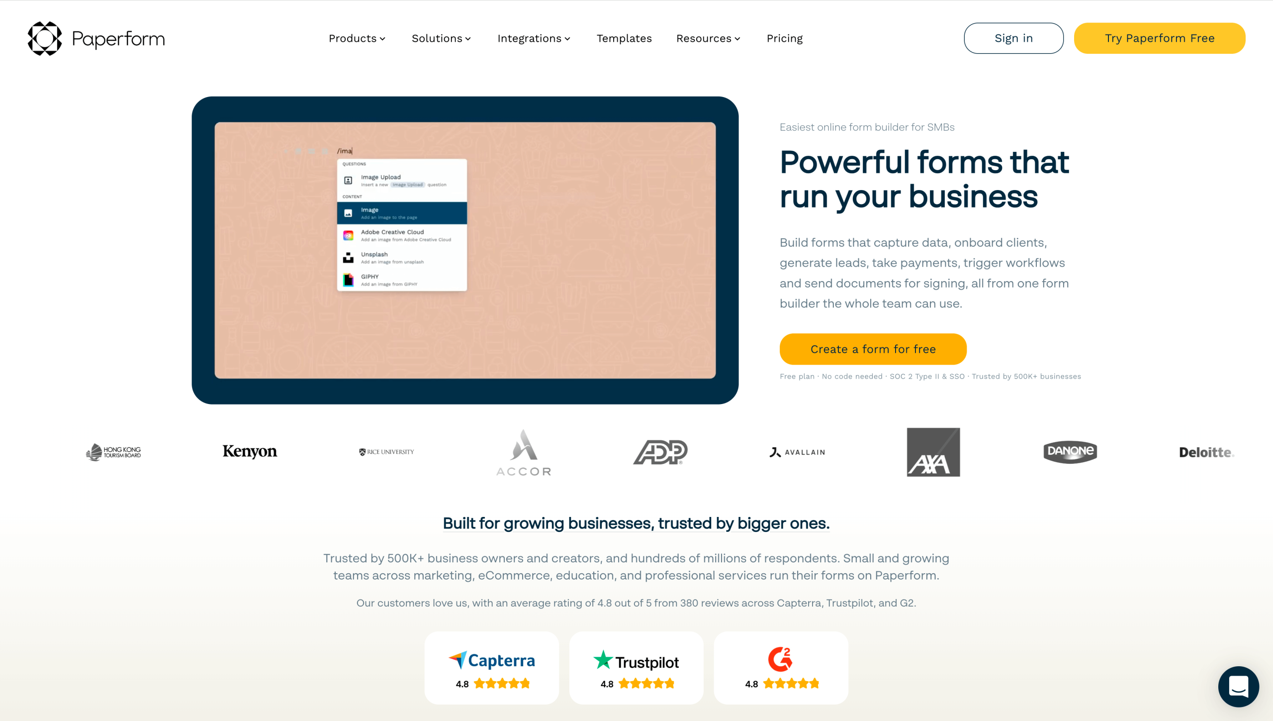 Screenshot of Paperform's landing page, showing a headline "Powerful forms that run your business"