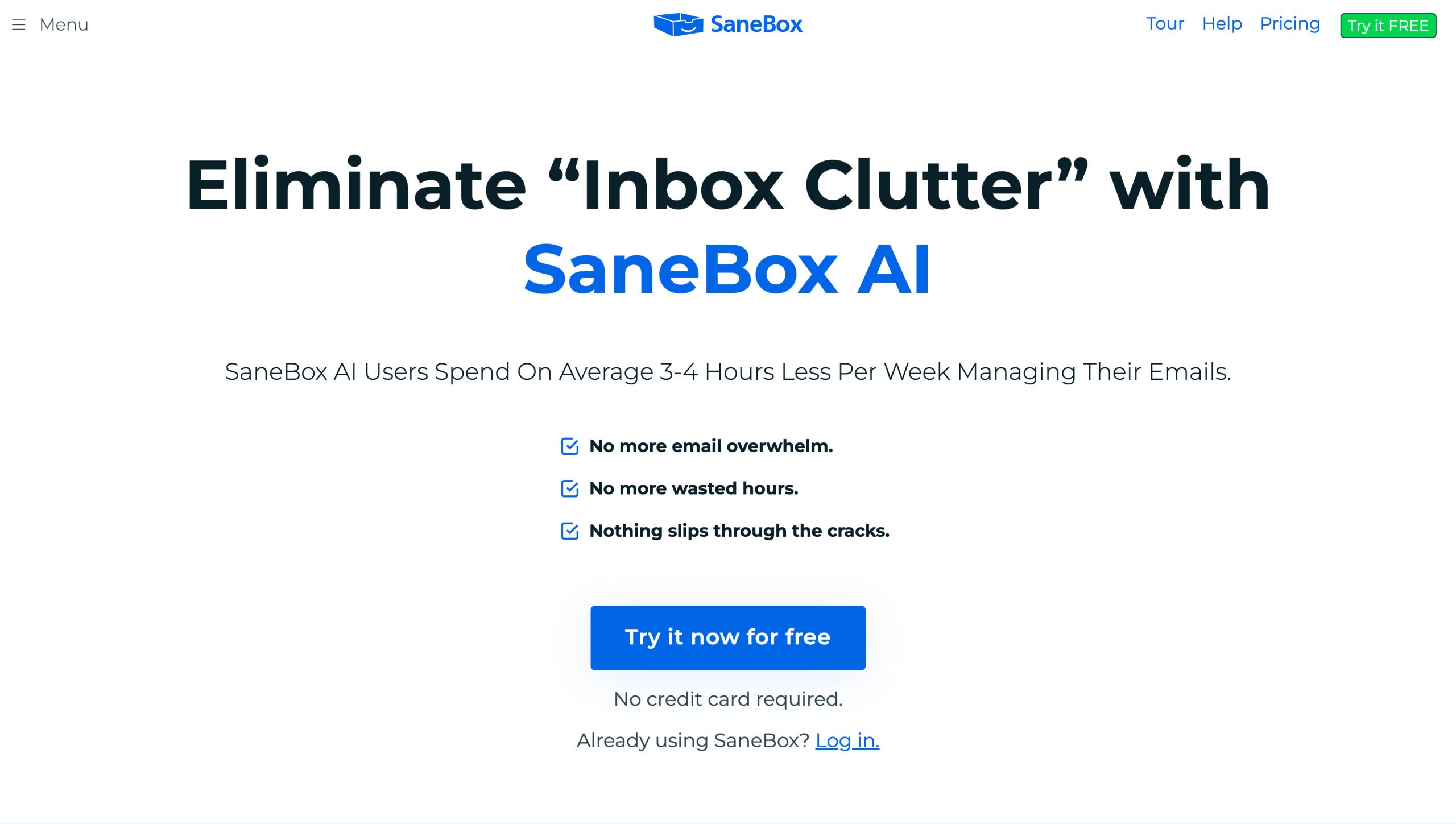 Screenshot of SaneBox's landing page, showing a headline "Eliminate Inbox Clutter" with Sanebox AI"