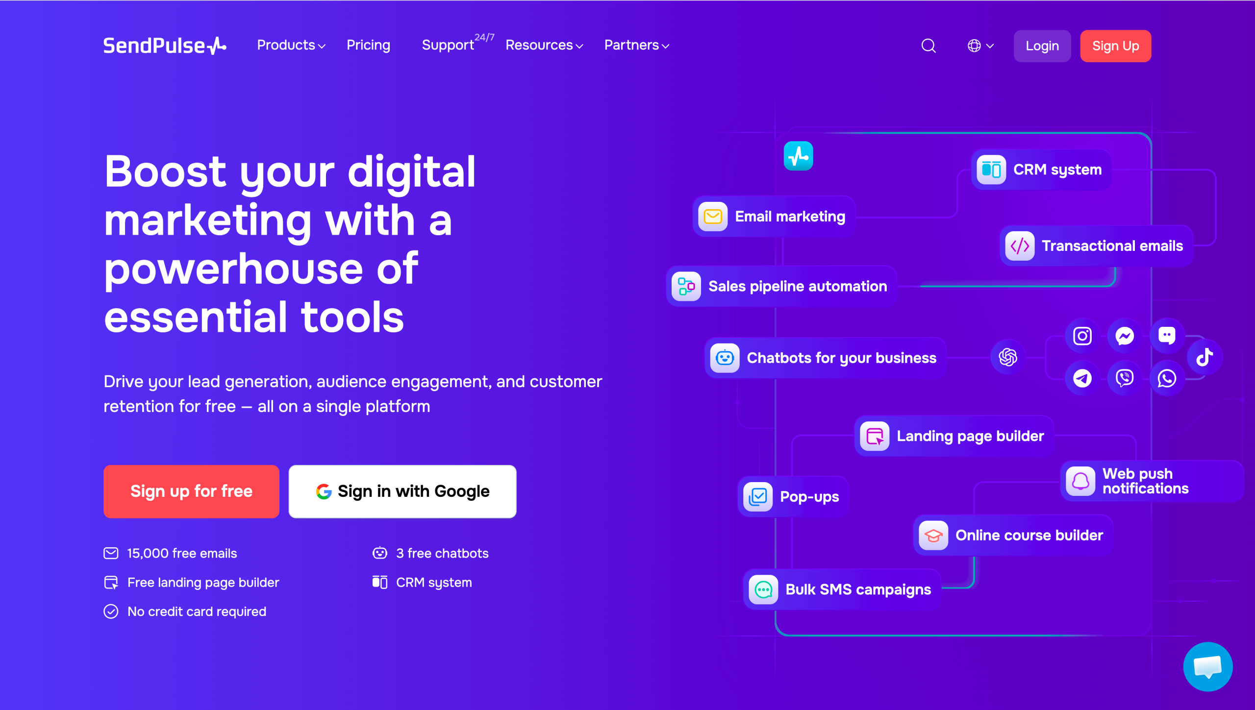 SendPulse landing page with the headline ‘Boost your digital marketing with a powerhouse of essential tools,’ plus ‘Sign up for free’ and ‘Sign in with Google’ buttons and feature callouts like email marketing, CRM system, chatbots, landing page builder, and bulk SMS